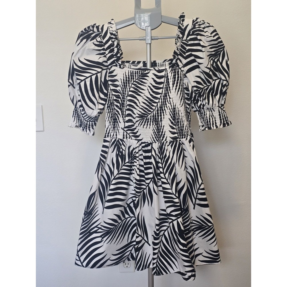 1.STATE Tropical Palm Print Smocked Mini Dress - Size Medium